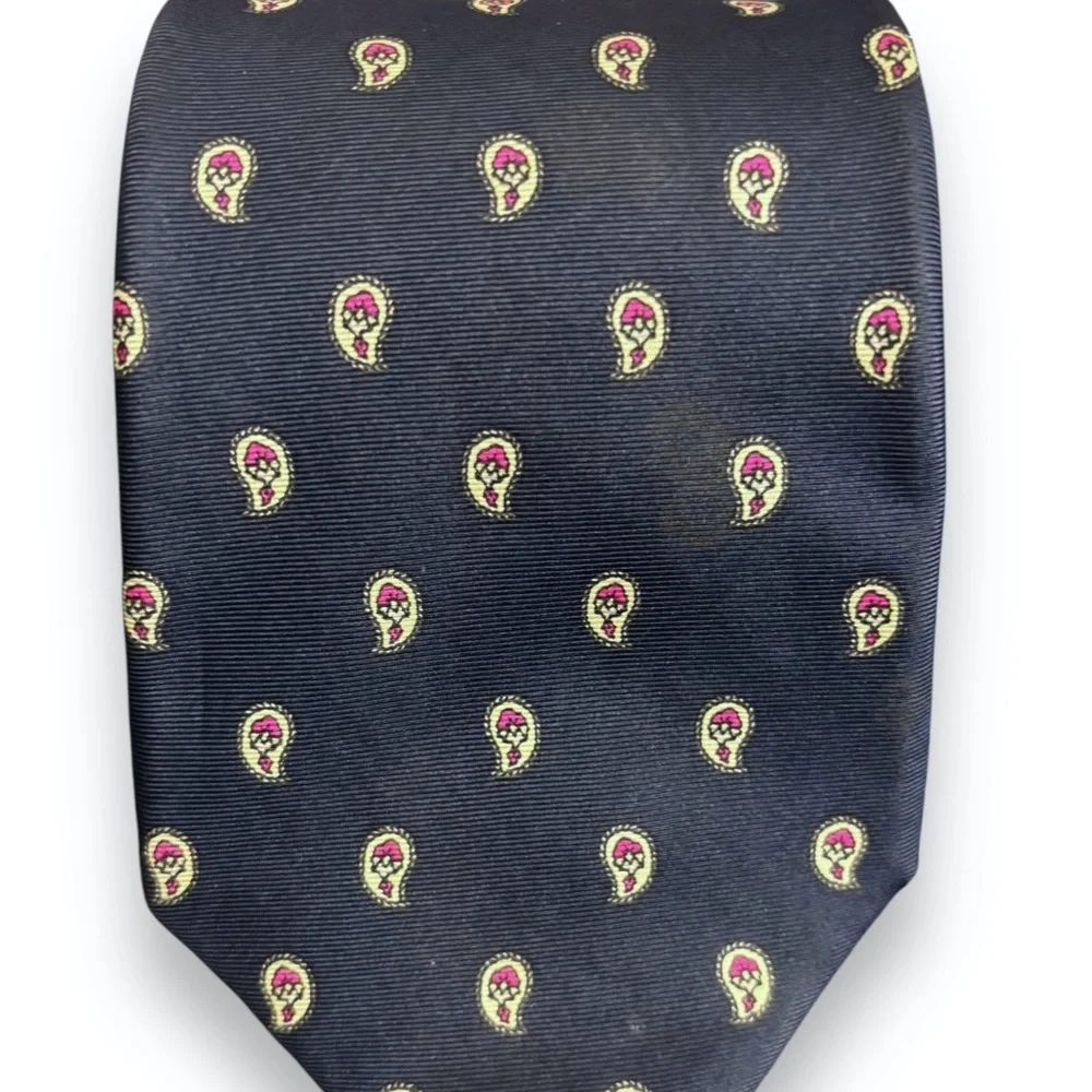CHRISTIAN DIOR 100% Silk Tie Navy with Yellow & Red Paisley